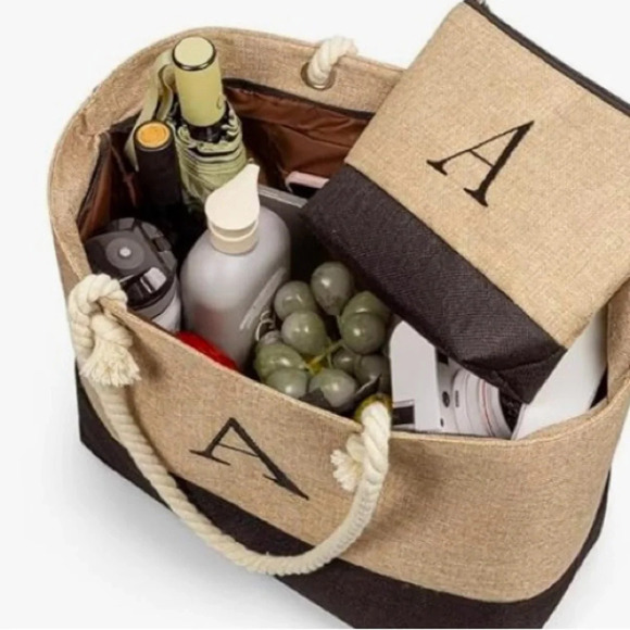 Women Beach Bag with letter A with Makeup Bag Travel Essential - Picture 4 of 9